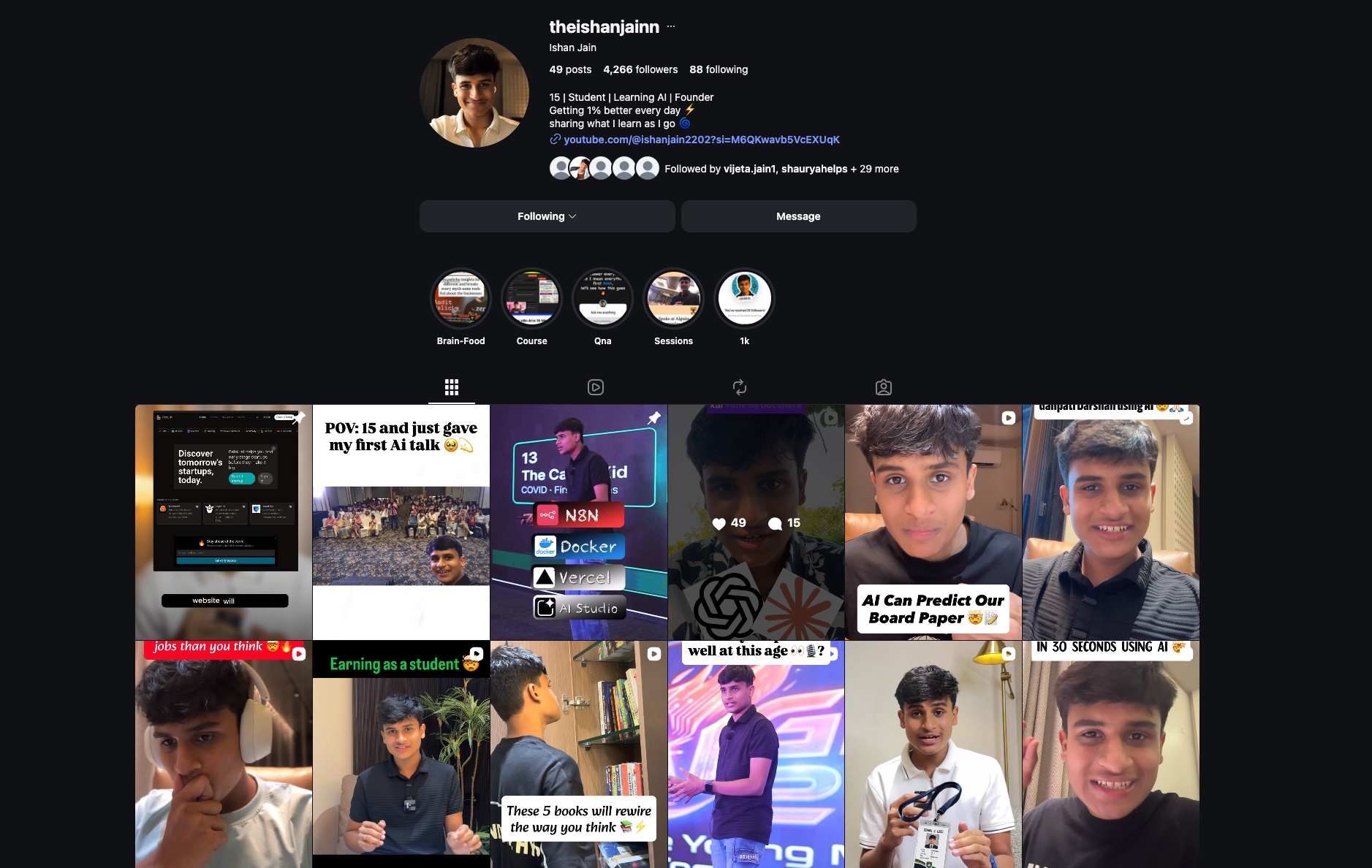 Ishan Jain's Instagram profile