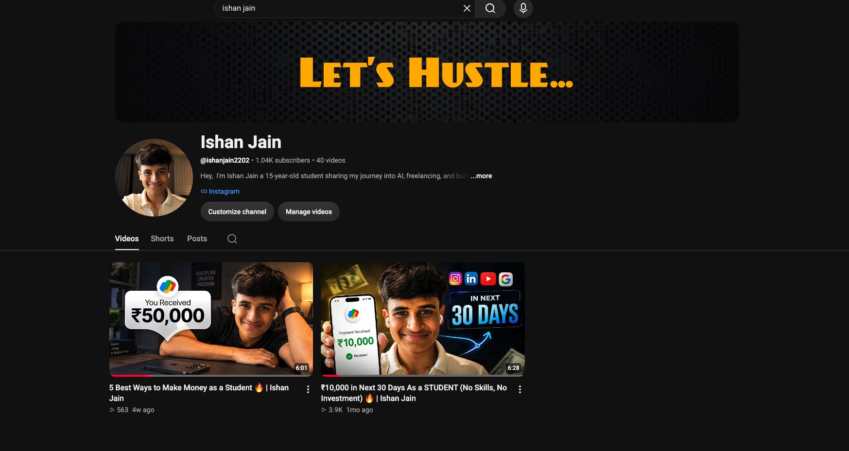 Ishan Jain's YouTube channel page